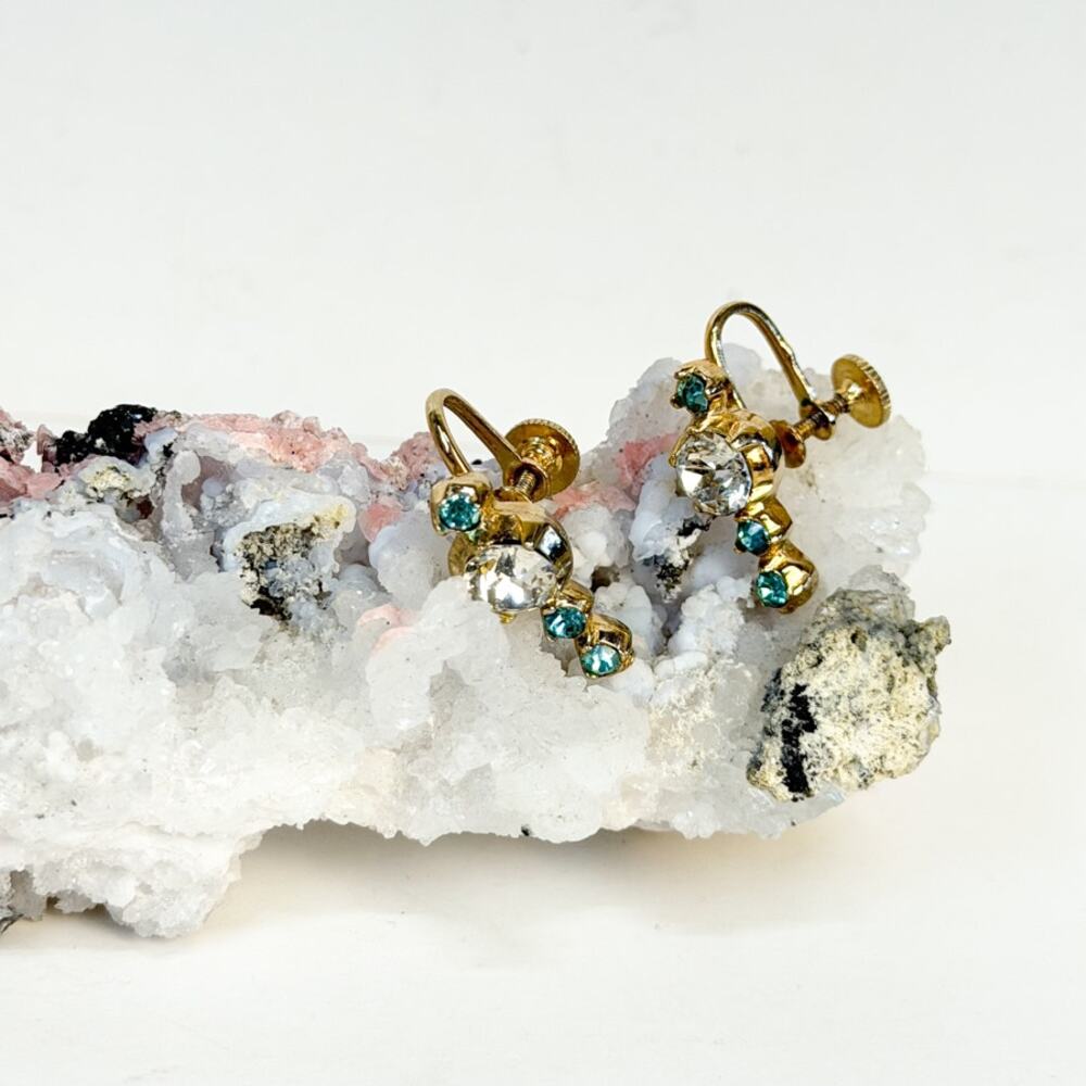 Blue and White Rhinestone Screw Back Earrings Vintage Gold-tone Clip-Ons